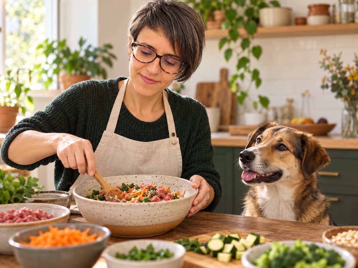 Lourdes preparando comida natural mientras un perro observa