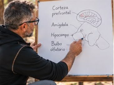 Ernest explicando en una pizarra las partes del cerebro del perro